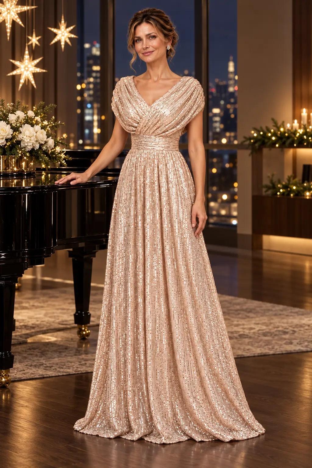 A-Line Floor Length Sequin Mother of the Bride Dress CM0535 - Dark Champagne - COCOMELODY