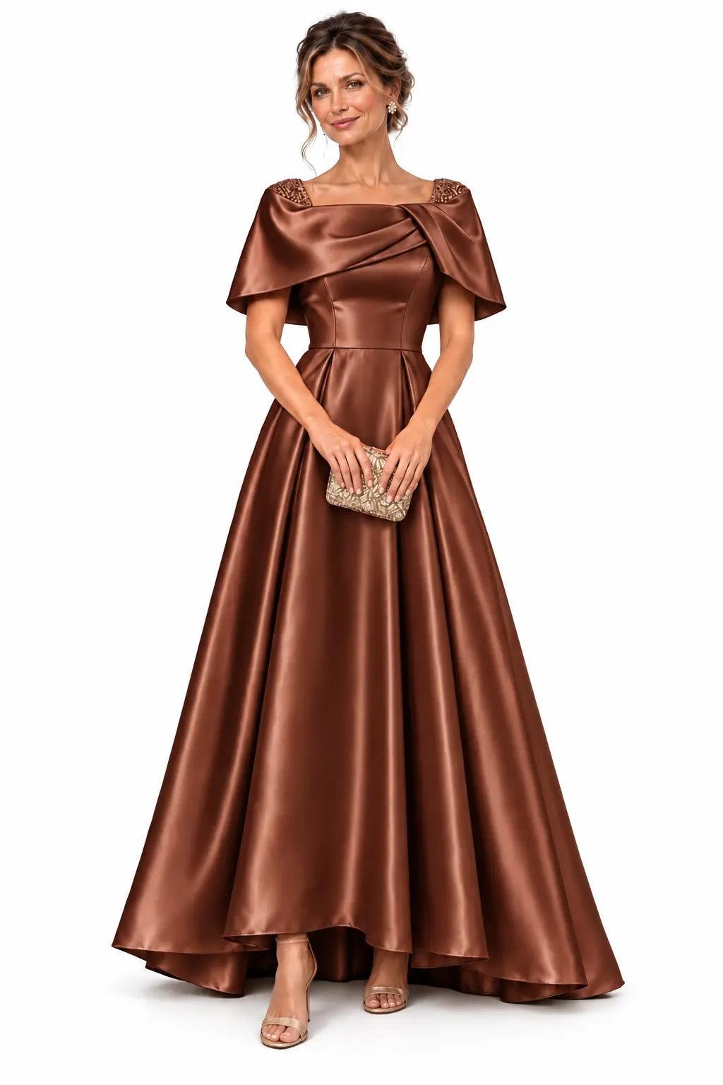 A-Line High-Low Satin Mother of the Bride Dress CM0536 - Baked Clay - COCOMELODY