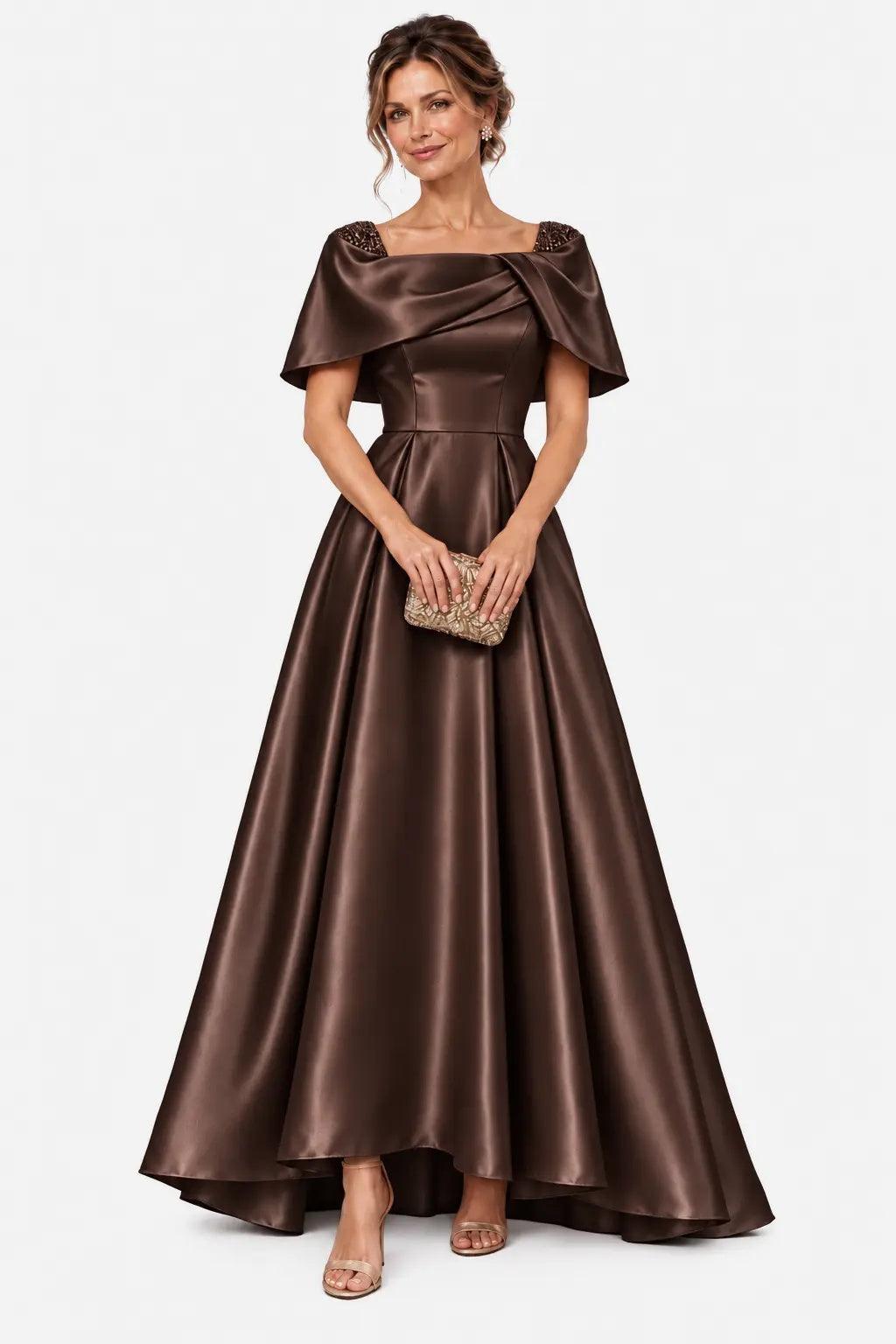 A-Line High-Low Satin Mother of the Bride Dress CM0536 - Bitter Chocolate - COCOMELODY