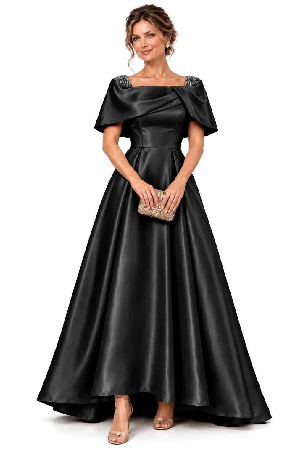 A-Line High-Low Satin Mother of the Bride Dress CM0536 - Black - COCOMELODY