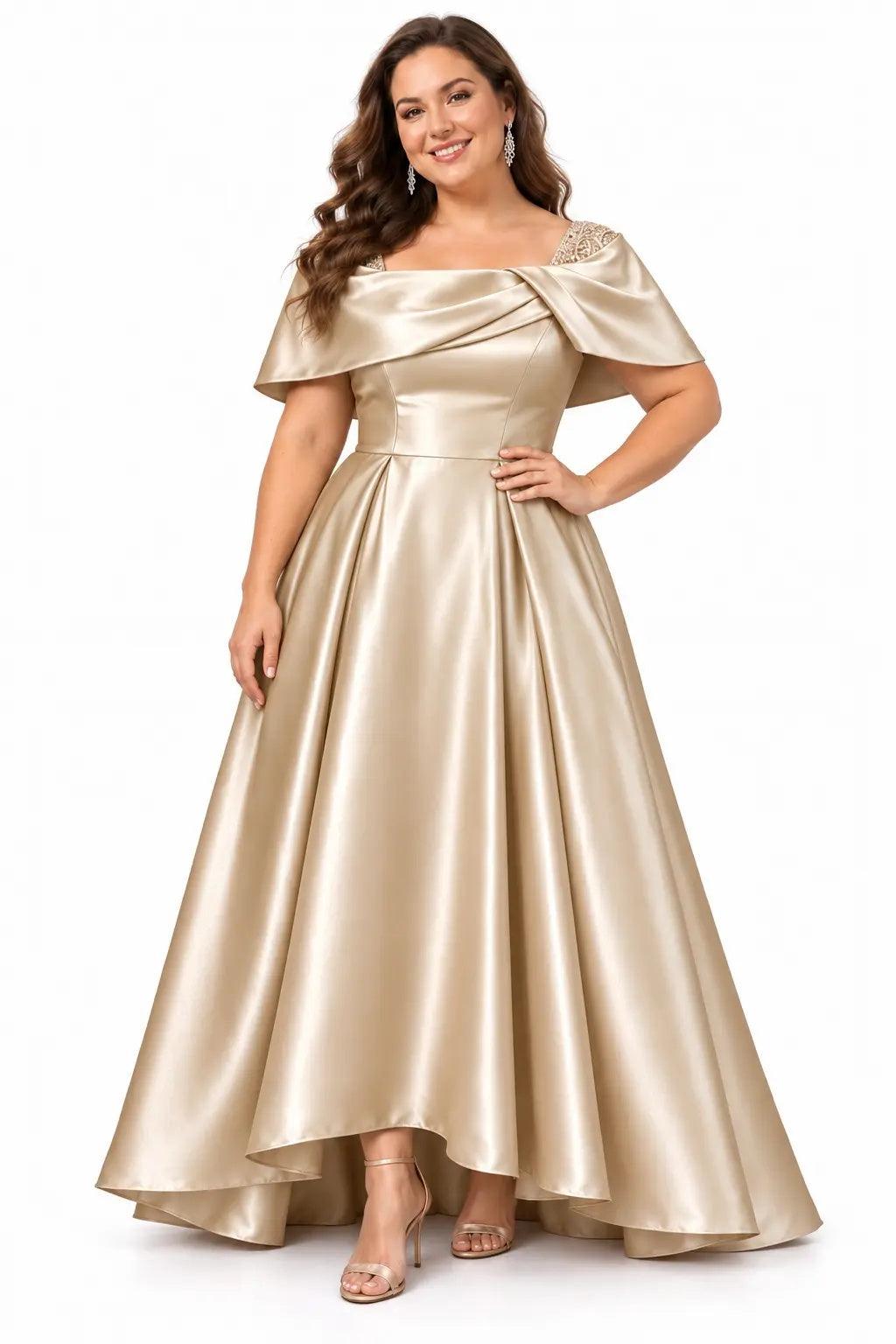 A-Line High-Low Satin Mother of the Bride Dress CM0536 - Dark Champagne - COCOMELODY