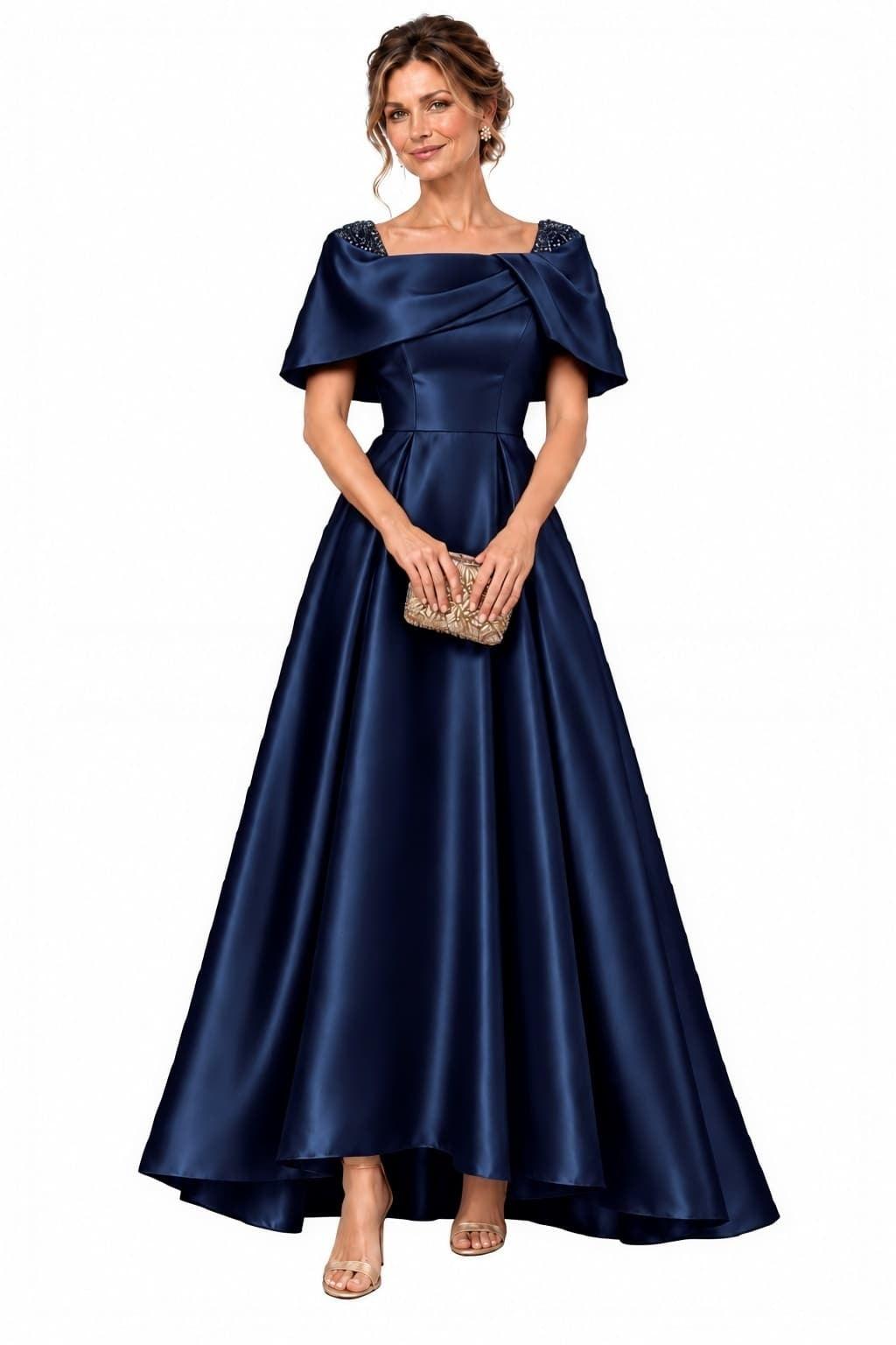 A-Line High-Low Satin Mother of the Bride Dress CM0536 - Dark Navy - COCOMELODY