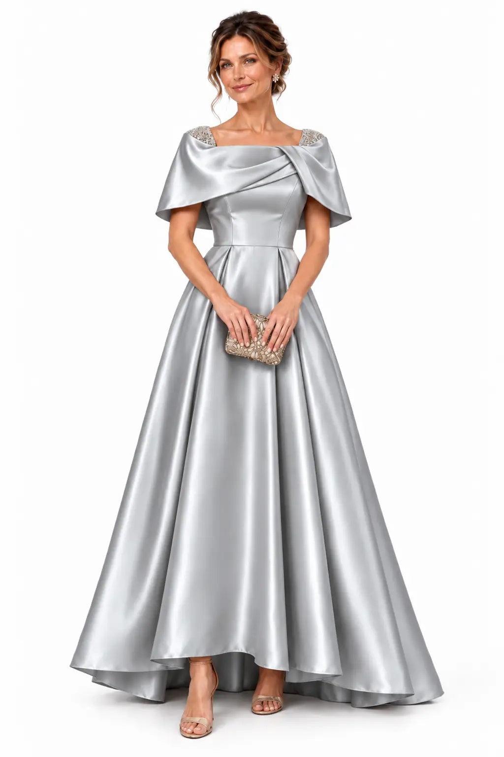 A-Line High-Low Satin Mother of the Bride Dress CM0536 - Steel Grey - COCOMELODY