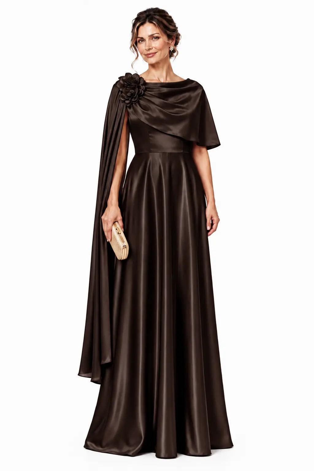 A-Line Floor Length Satin Mother of the Bride Dress CM0537 - Bitter Chocolate - COCOMELODY