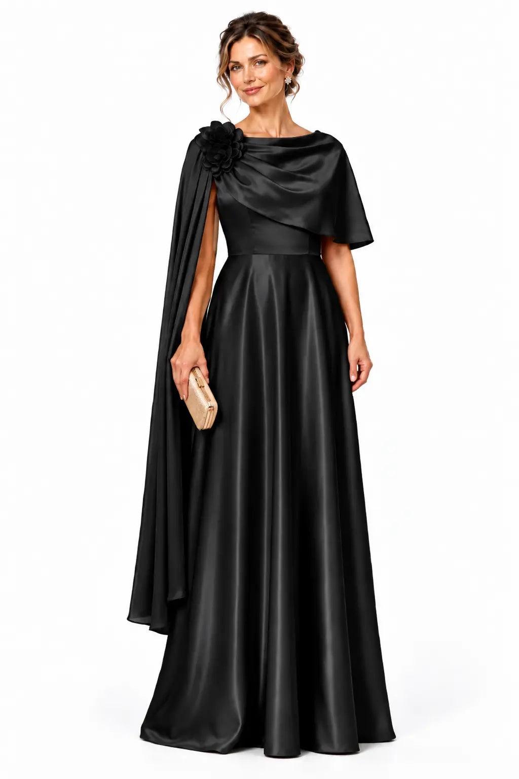 A-Line Floor Length Satin Mother of the Bride Dress CM0537 - Black - COCOMELODY