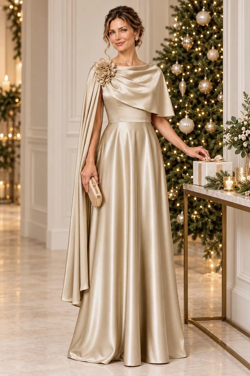 A-Line Floor Length Satin Mother of the Bride Dress CM0537 - Dark Champagne - COCOMELODY