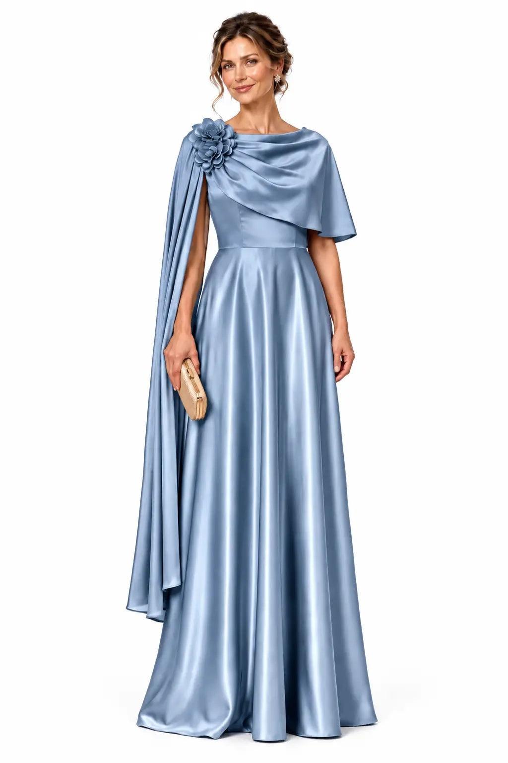 A-Line Floor Length Satin Mother of the Bride Dress CM0537 - Dusty Blue - COCOMELODY