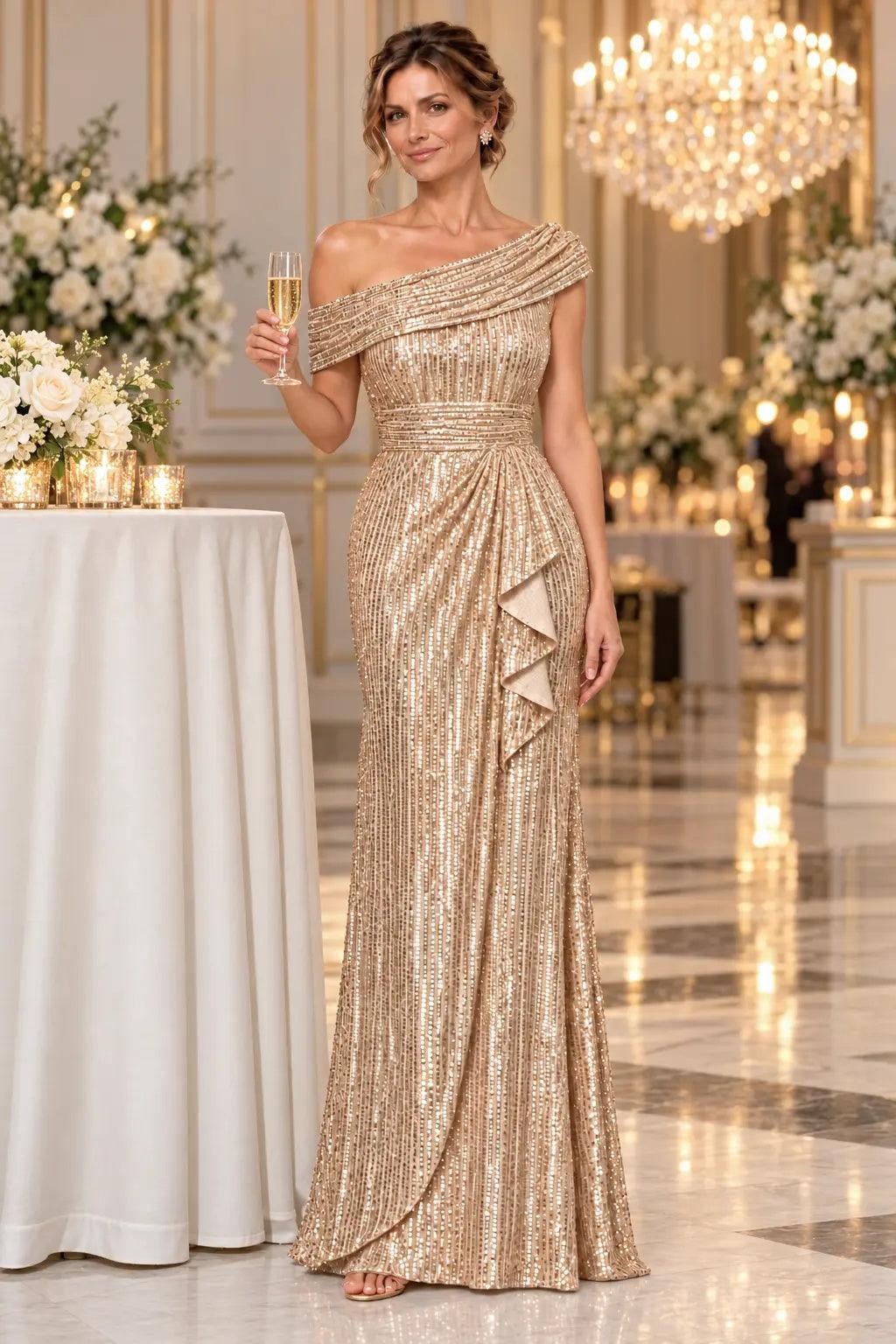 Sheath-Column Floor Length Sequin Mother of the Bride Dress CM0538 - Dark Champagne - COCOMELODY