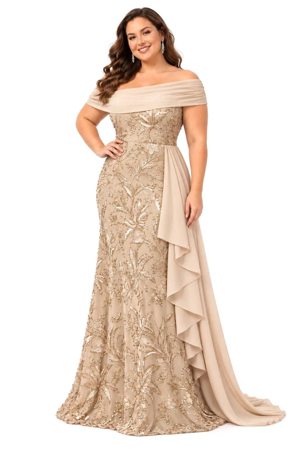 Sheath-Column Floor Length Sequin Chiffon Mother of the Bride Dress CM0539 - Champagne - COCOMELODY