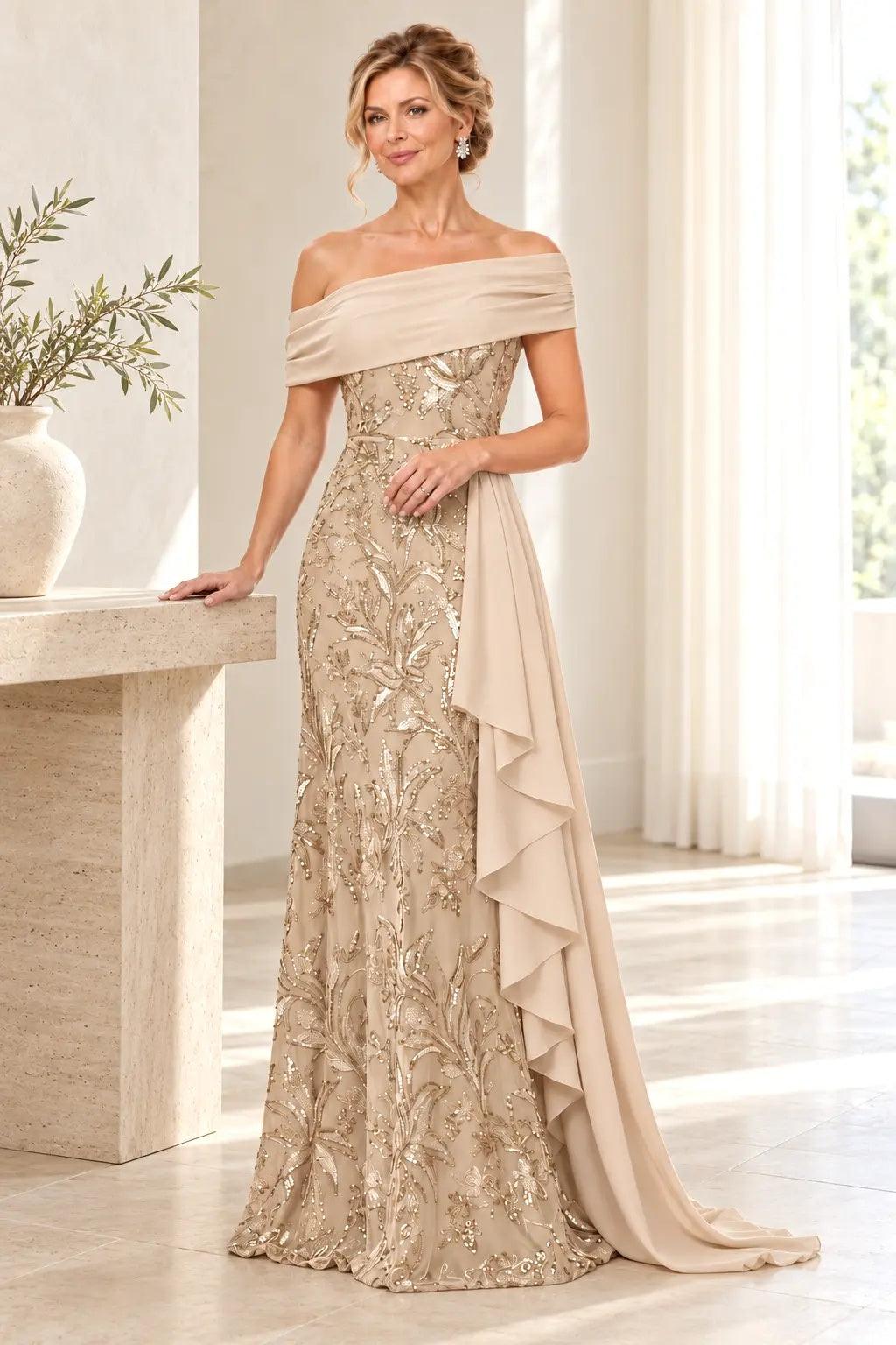 Sheath-Column Floor Length Sequin Chiffon Mother of the Bride Dress CM0539 - Champagne - COCOMELODY