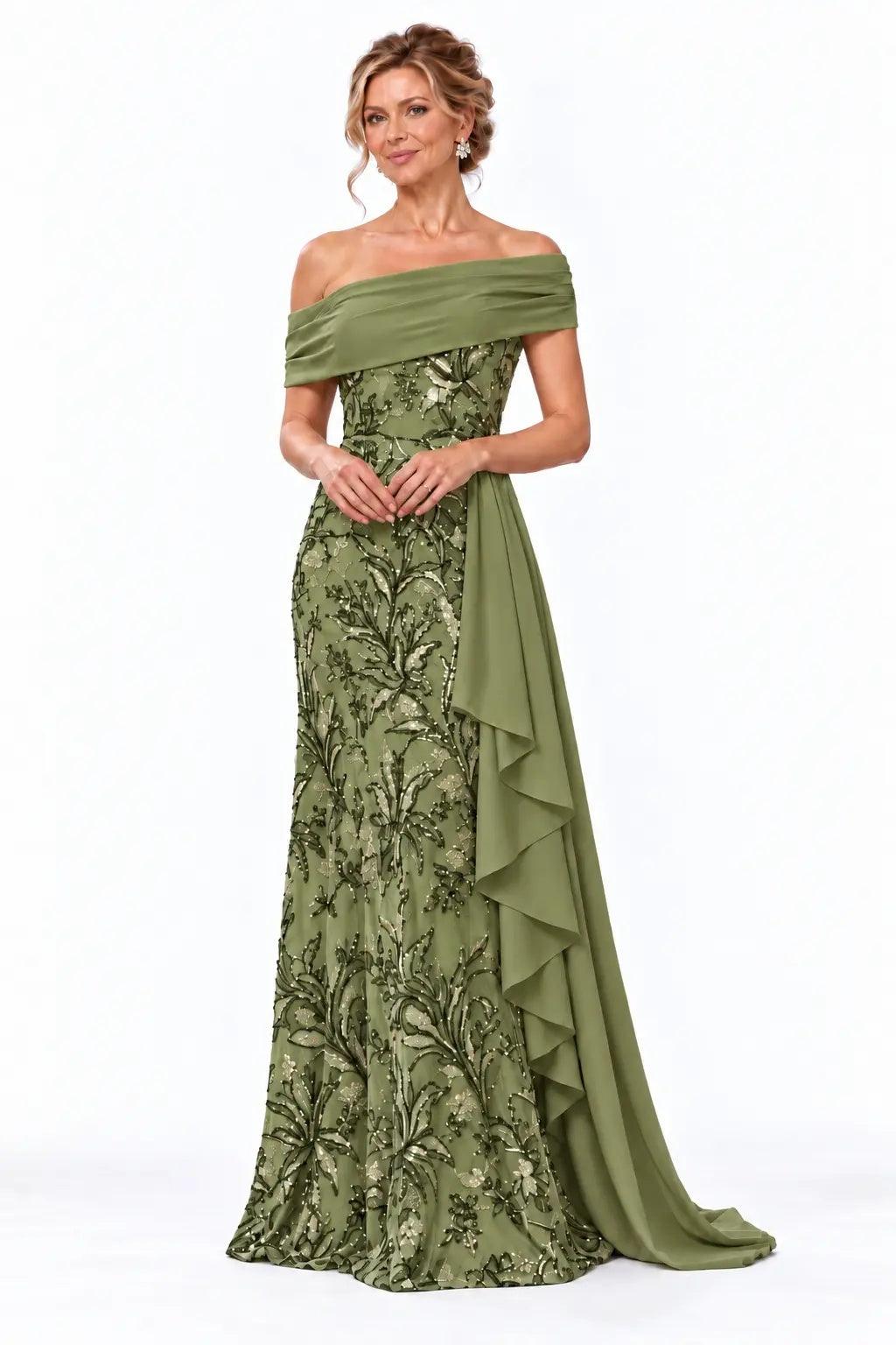 Sheath-Column Floor Length Sequin Chiffon Mother of the Bride Dress CM0539 - Green - COCOMELODY