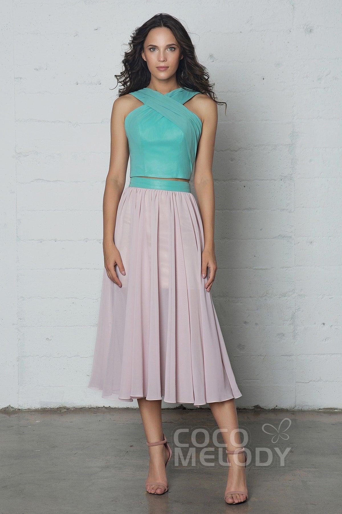 Crop top Tea Length Chiffon Dress COZF17005 - COCOMELODY