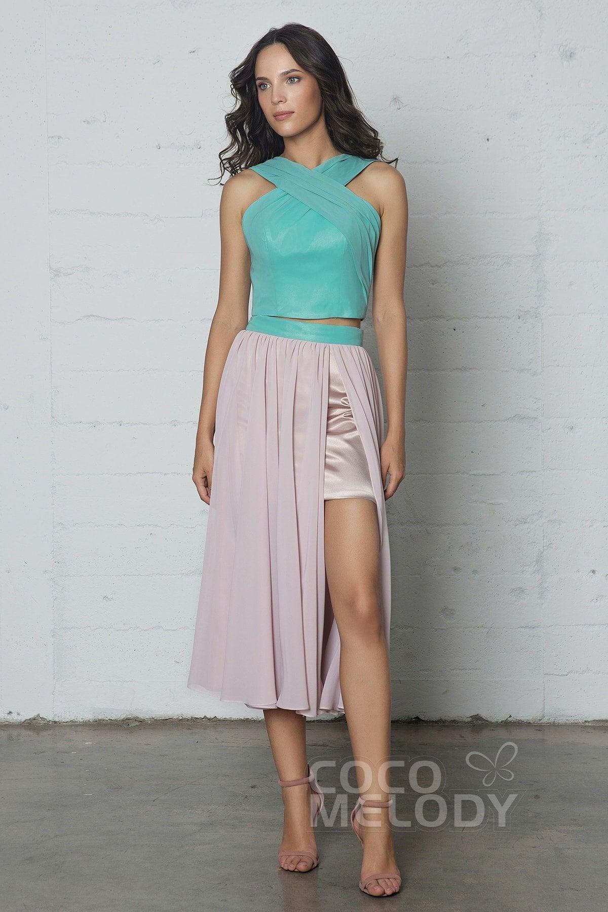 Crop top Tea Length Chiffon Dress COZF17005 - COCOMELODY