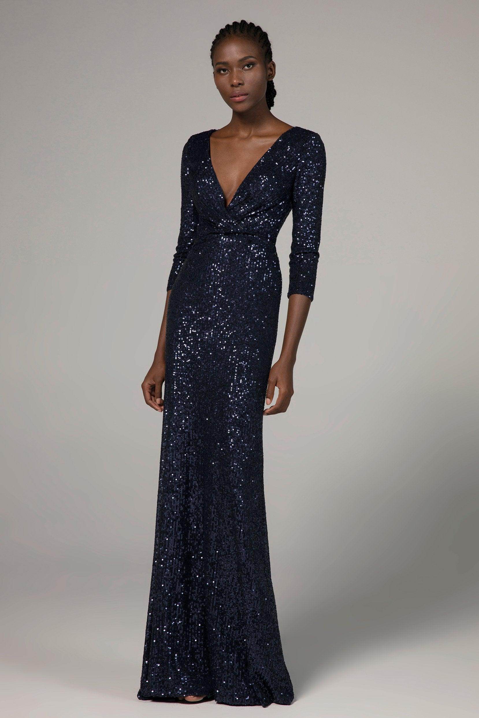 Trumpet V-Neck Floor Length Sequined 3/4 Length Sleeve Dress COCOMELODY CS0295, Black Trumpet V-Neck Floor Length Sequined 3/4 Length Sleeve Dress COCOMELODY CS0295, Black