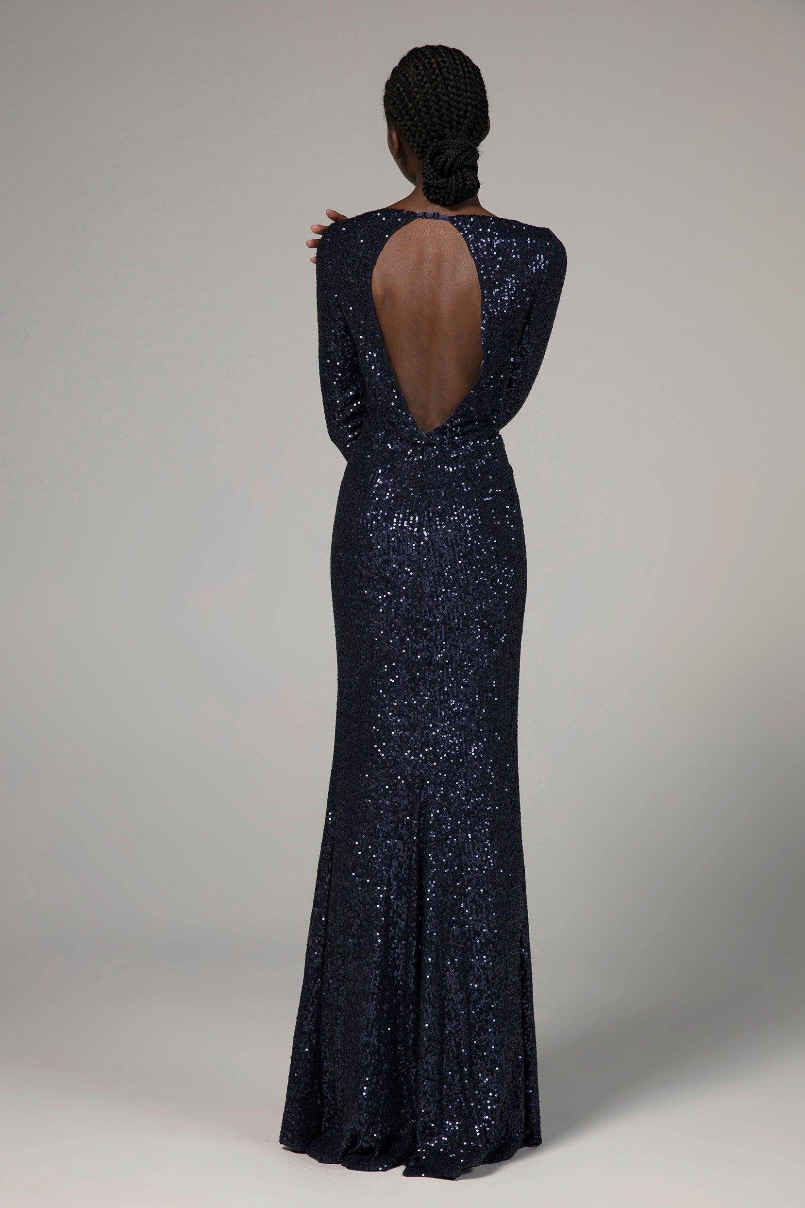Trumpet V-Neck Floor Length Sequined 3/4 Length Sleeve Dress COCOMELODY CS0295, Black Trumpet V-Neck Floor Length Sequined 3/4 Length Sleeve Dress COCOMELODY CS0295, Black