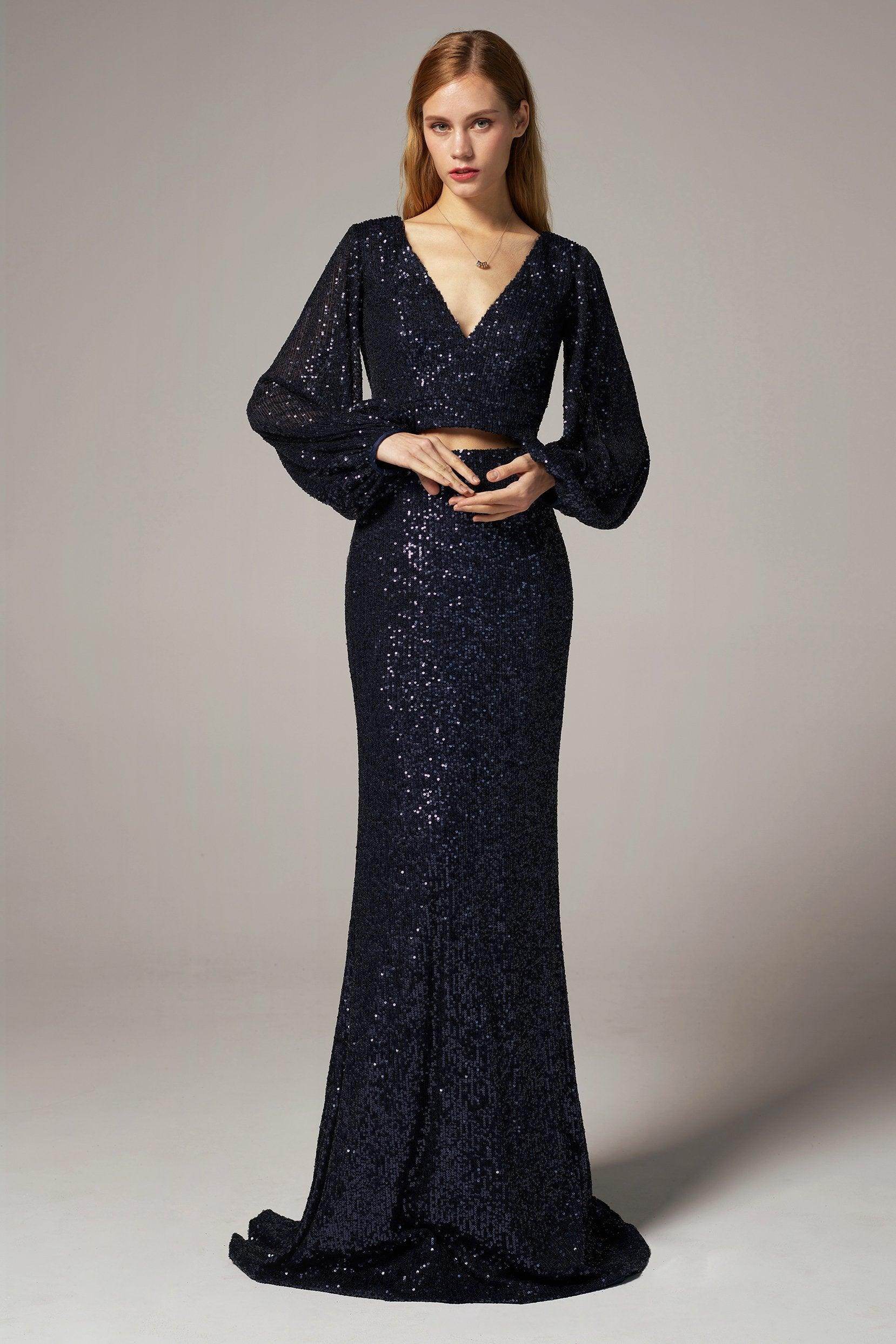 V-Neck Ankle Length Sequined Long Sleeve Open Back Dress COCOMELODY CS0304, Rose Gold