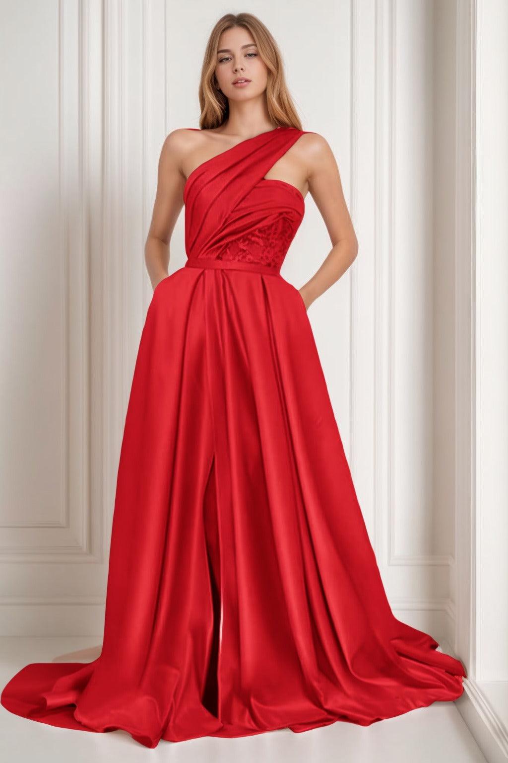 A-Line Sweep-Brush Train Satin Prom Dress CS0429 - COCOMELODY