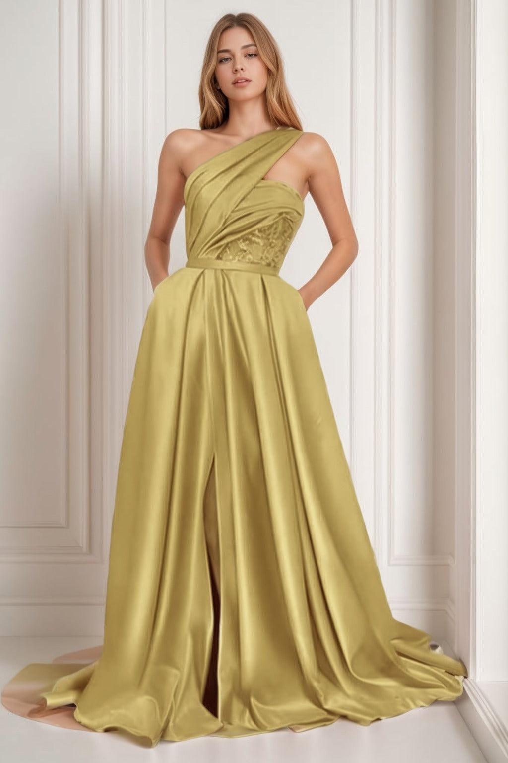 A-Line Sweep-Brush Train Satin Prom Dress CS0429 - COCOMELODY