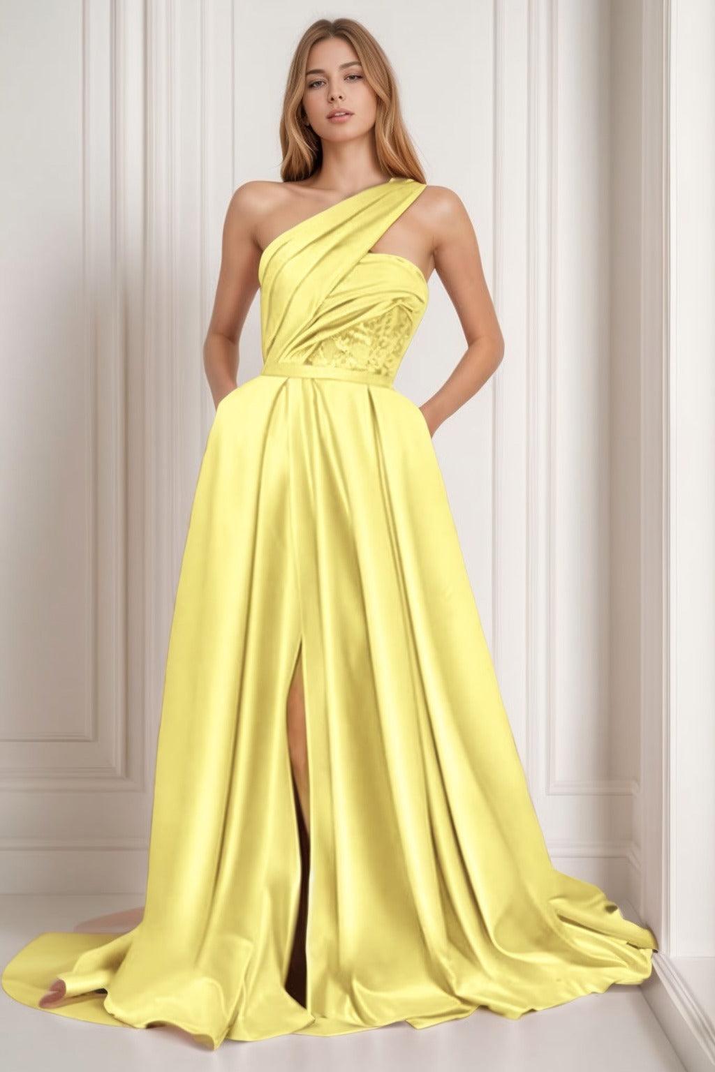 A-Line Sweep-Brush Train Satin Prom Dress CS0429 - COCOMELODY