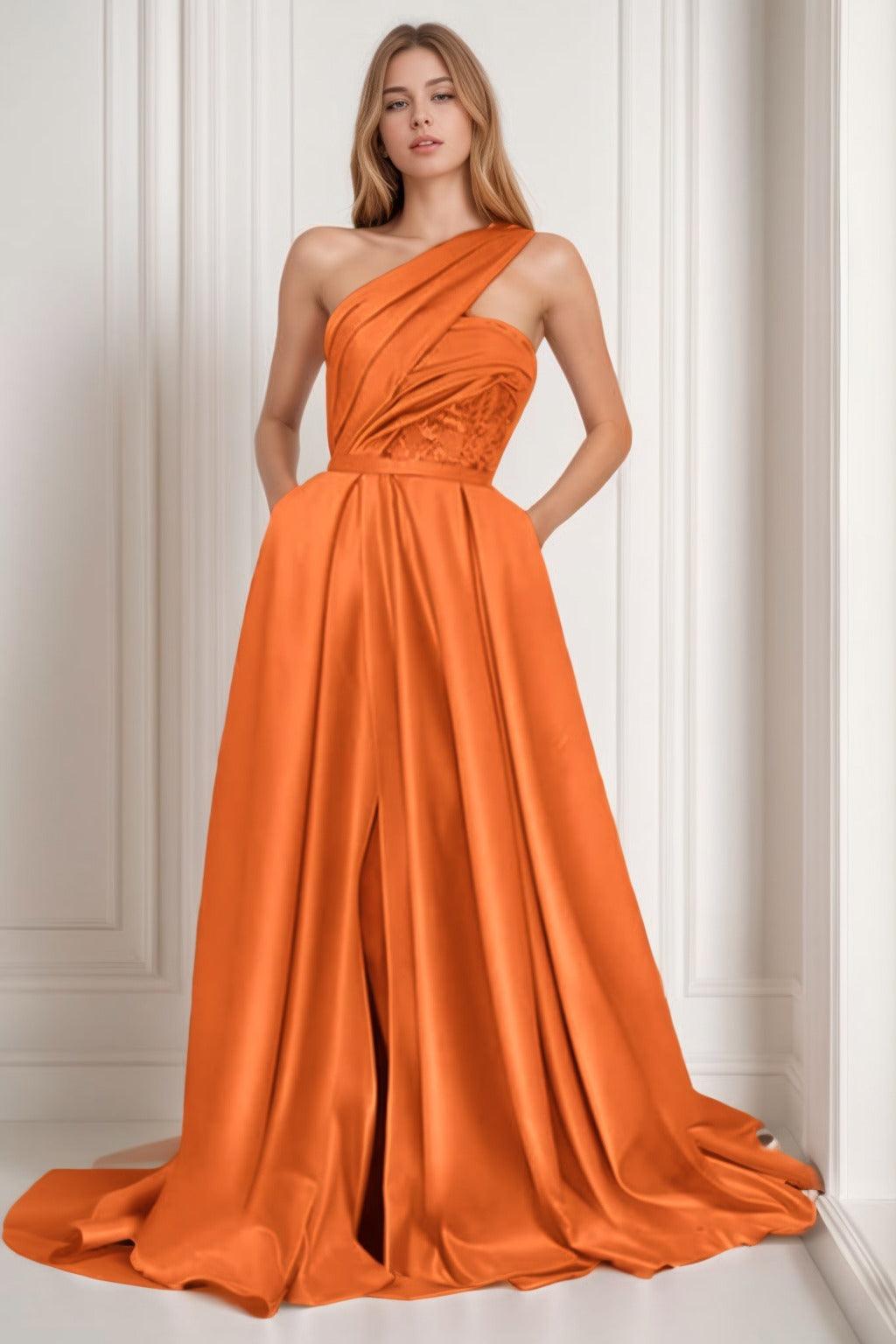 A-Line Sweep-Brush Train Satin Prom Dress CS0429 - COCOMELODY
