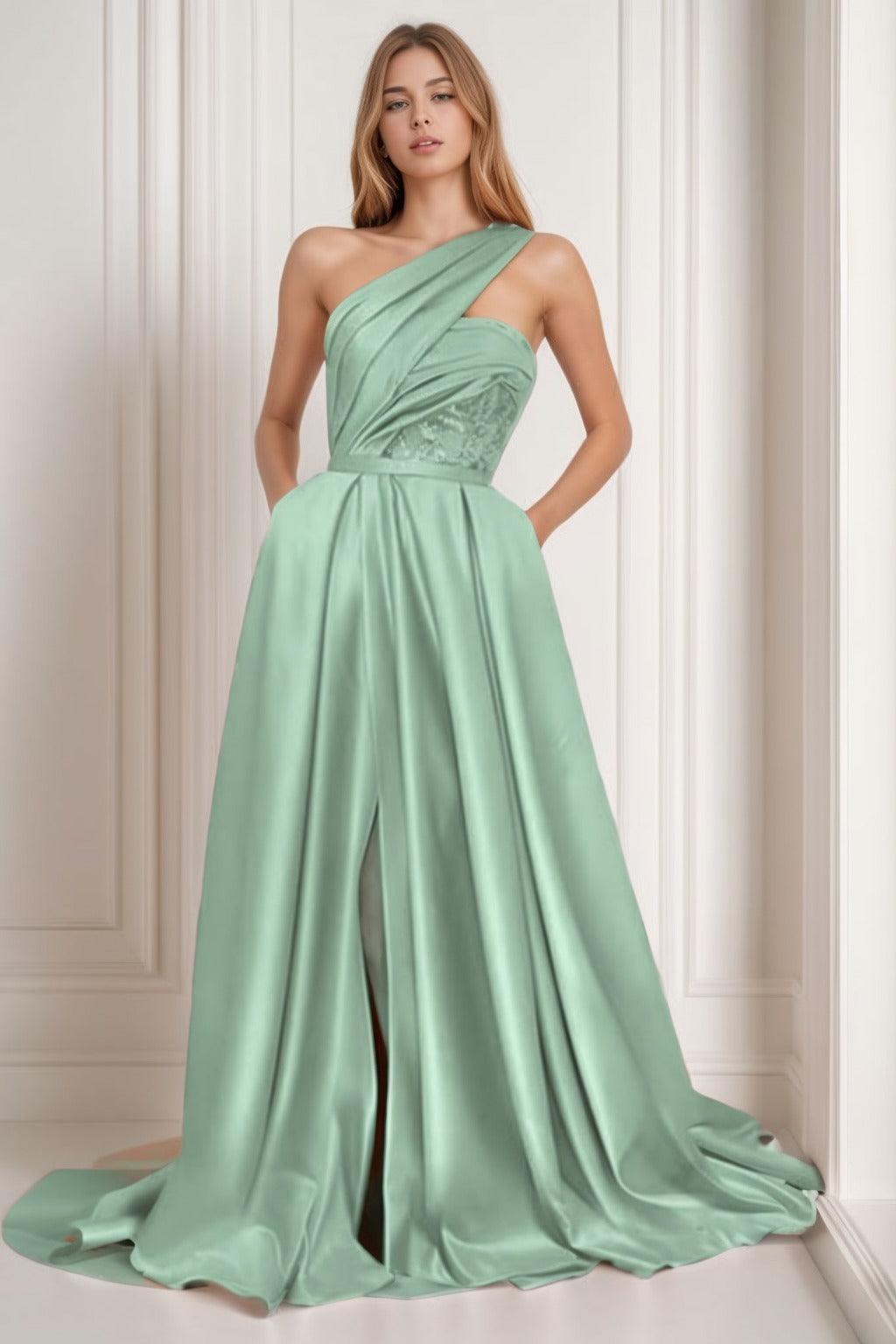 A-Line Sweep-Brush Train Satin Prom Dress CS0429 - COCOMELODY