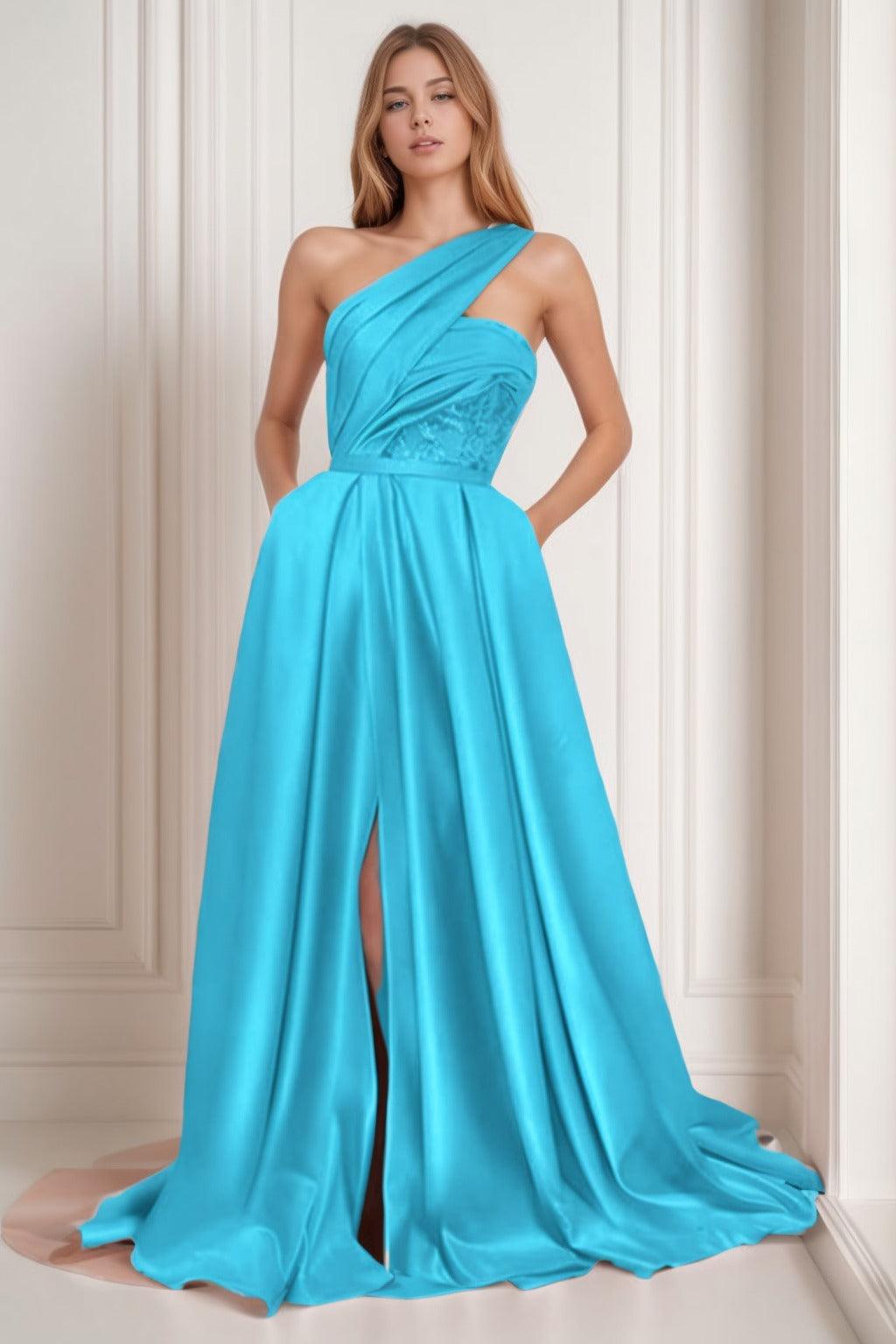 A-Line Sweep-Brush Train Satin Prom Dress CS0429 - COCOMELODY
