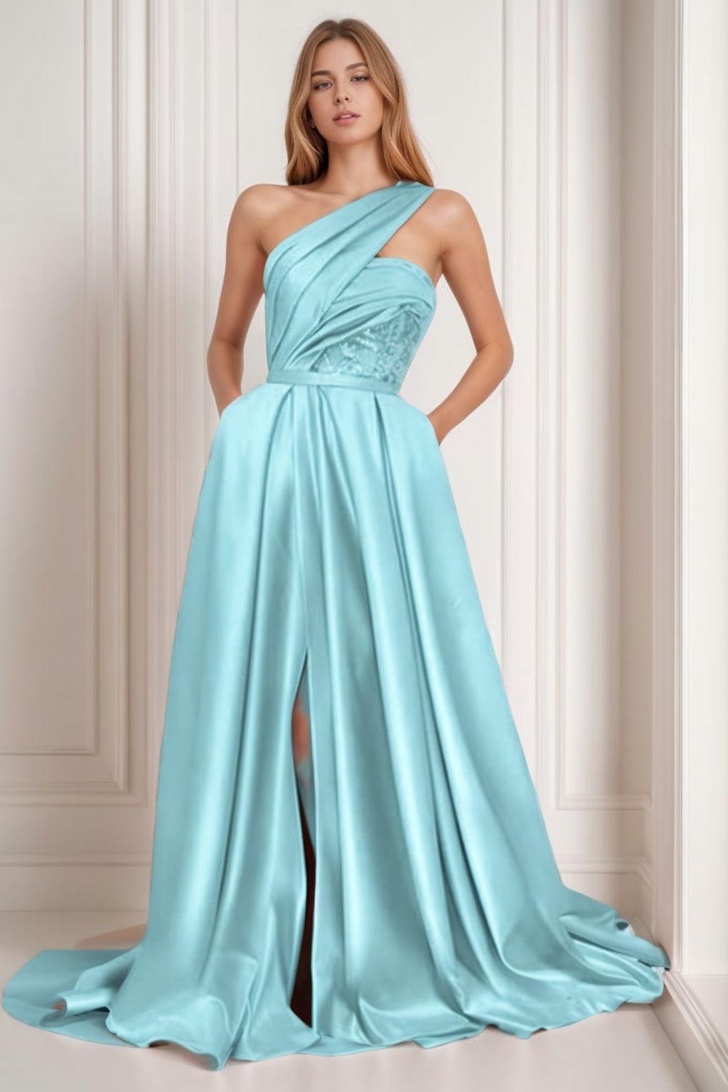 A-Line Sweep-Brush Train Satin Prom Dress CS0429 - COCOMELODY