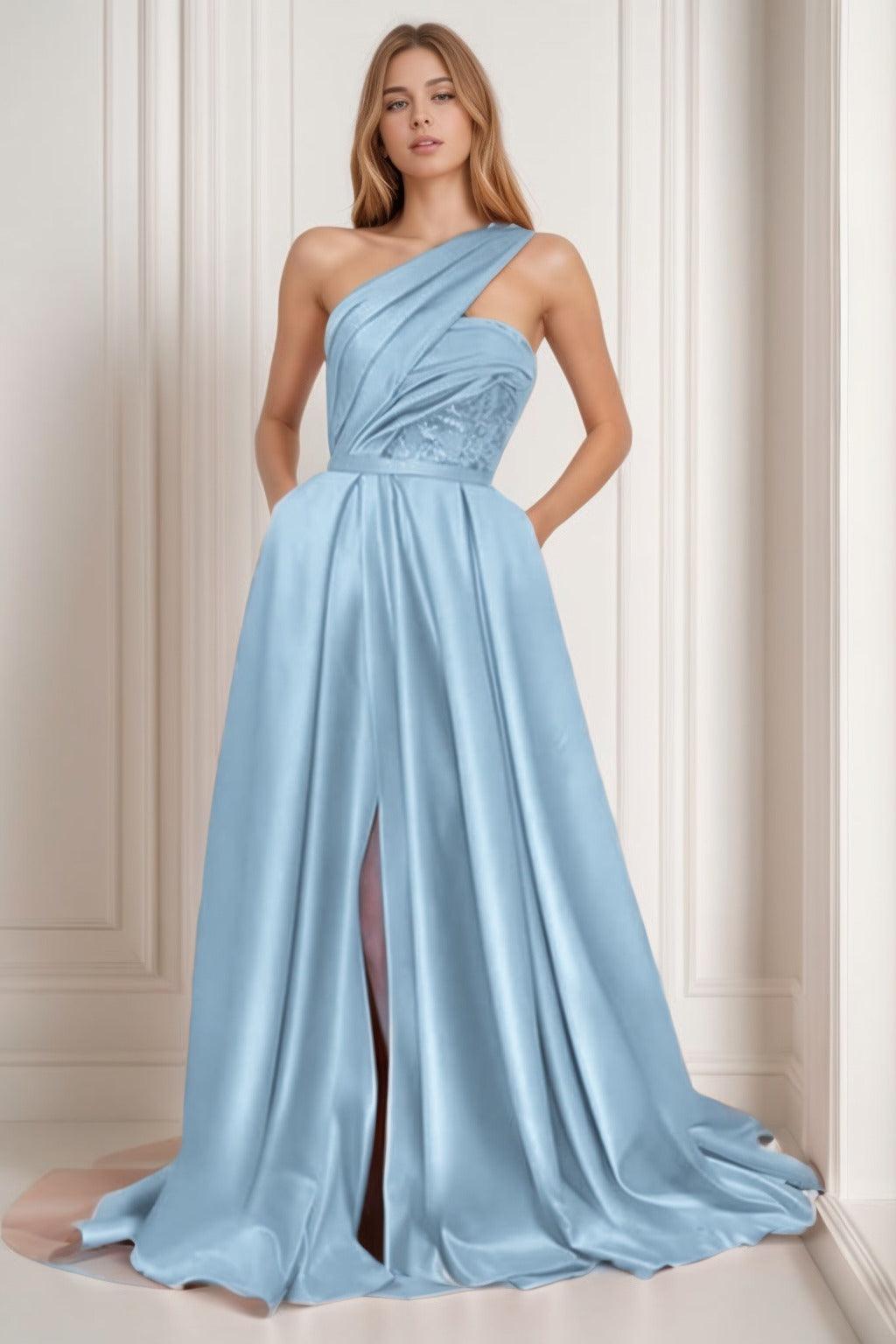 A-Line Sweep-Brush Train Satin Prom Dress CS0429 - COCOMELODY