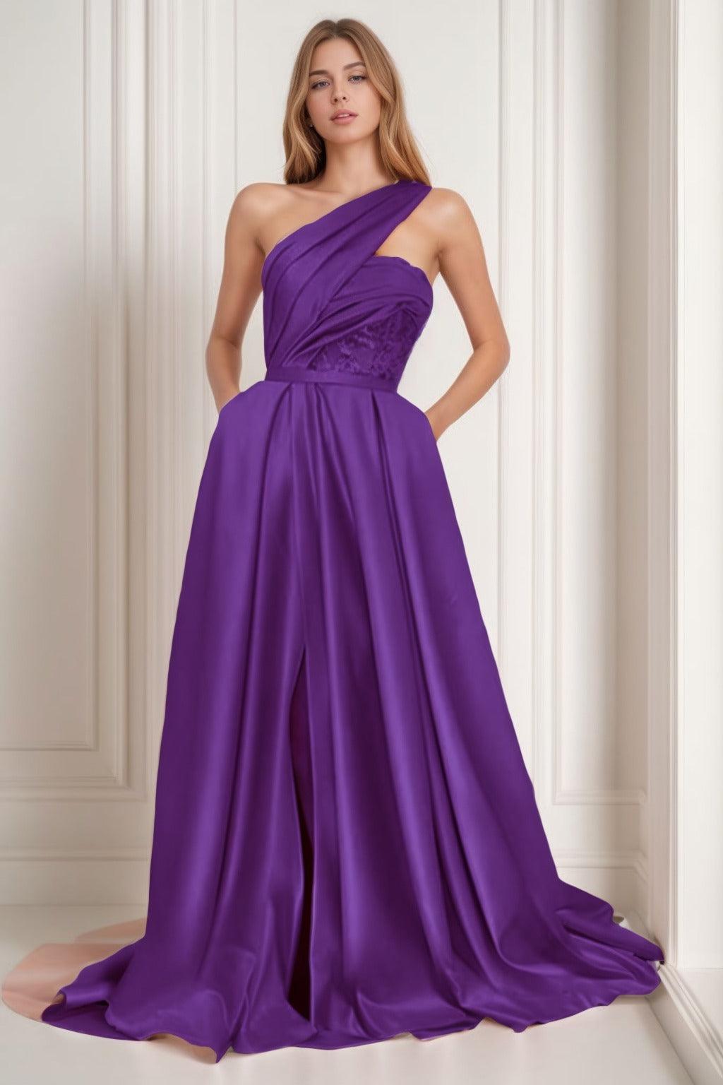 A-Line Sweep-Brush Train Satin Prom Dress CS0429 - COCOMELODY