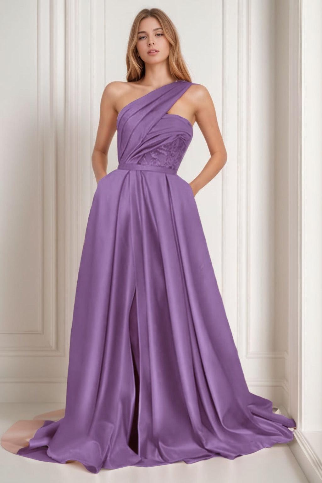 A-Line Sweep-Brush Train Satin Prom Dress CS0429 - COCOMELODY