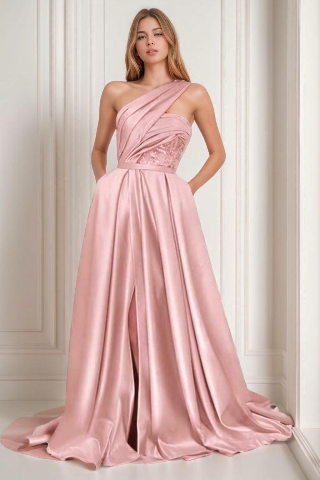A-Line Sweep-Brush Train Satin Prom Dress CS0429 - COCOMELODY