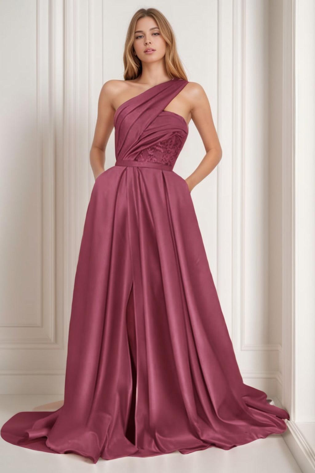 A-Line Sweep-Brush Train Satin Prom Dress CS0429 - COCOMELODY