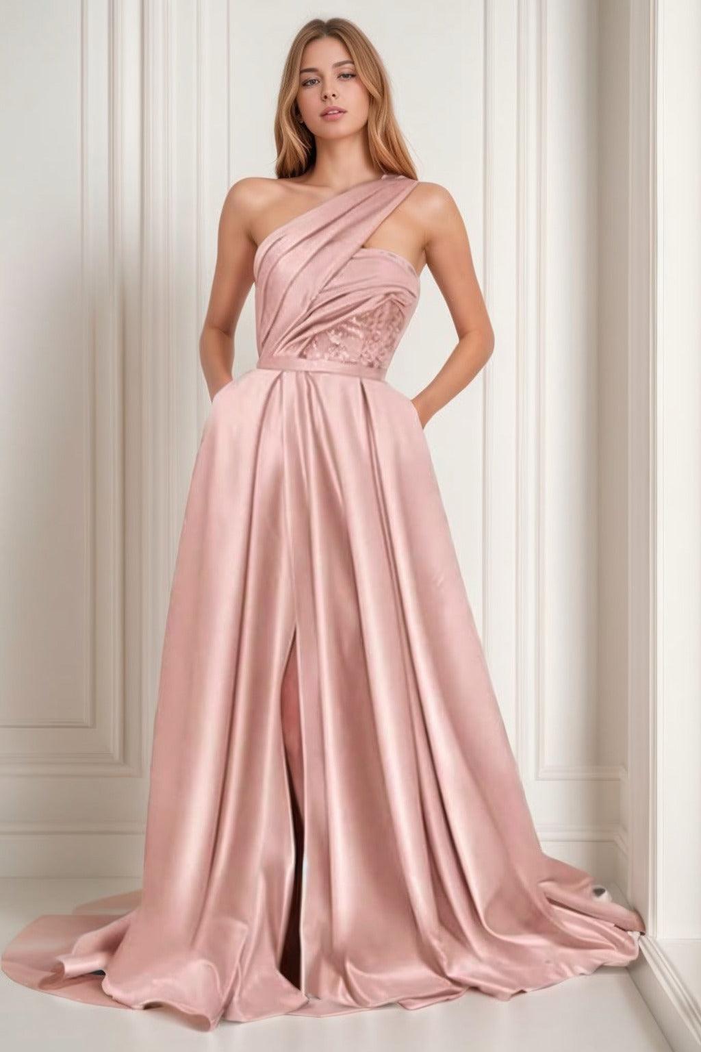 A-Line Sweep-Brush Train Satin Prom Dress CS0429 - COCOMELODY