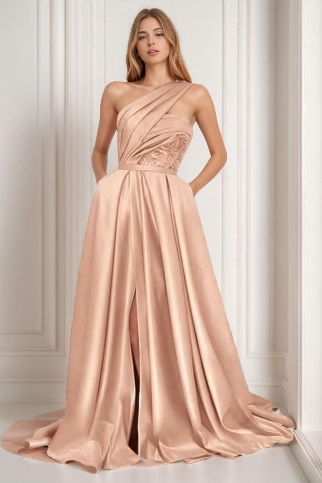 A-Line Sweep-Brush Train Satin Prom Dress CS0429 - COCOMELODY