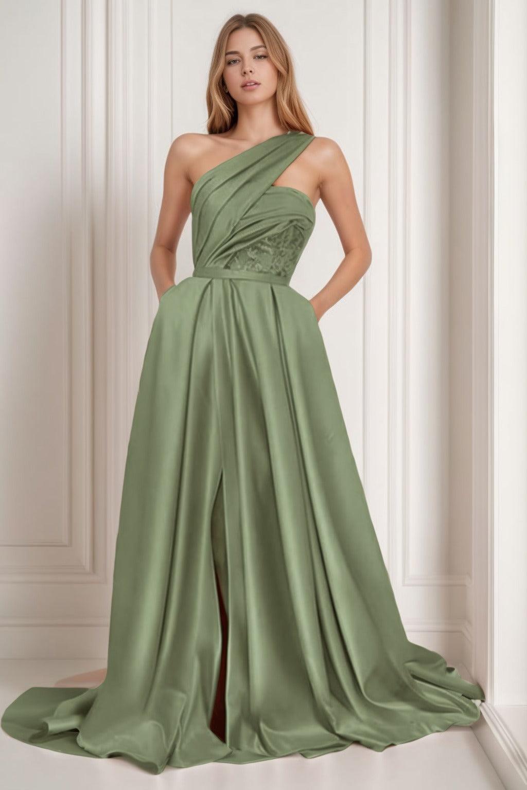 A-Line Sweep-Brush Train Satin Prom Dress CS0429 - COCOMELODY