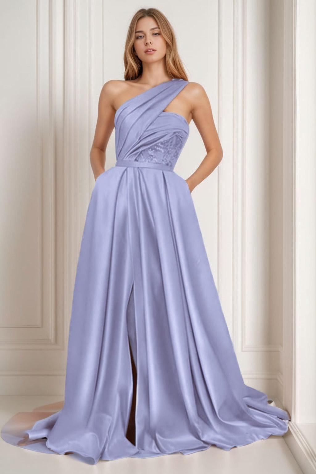 A-Line Sweep-Brush Train Satin Prom Dress CS0429 - COCOMELODY