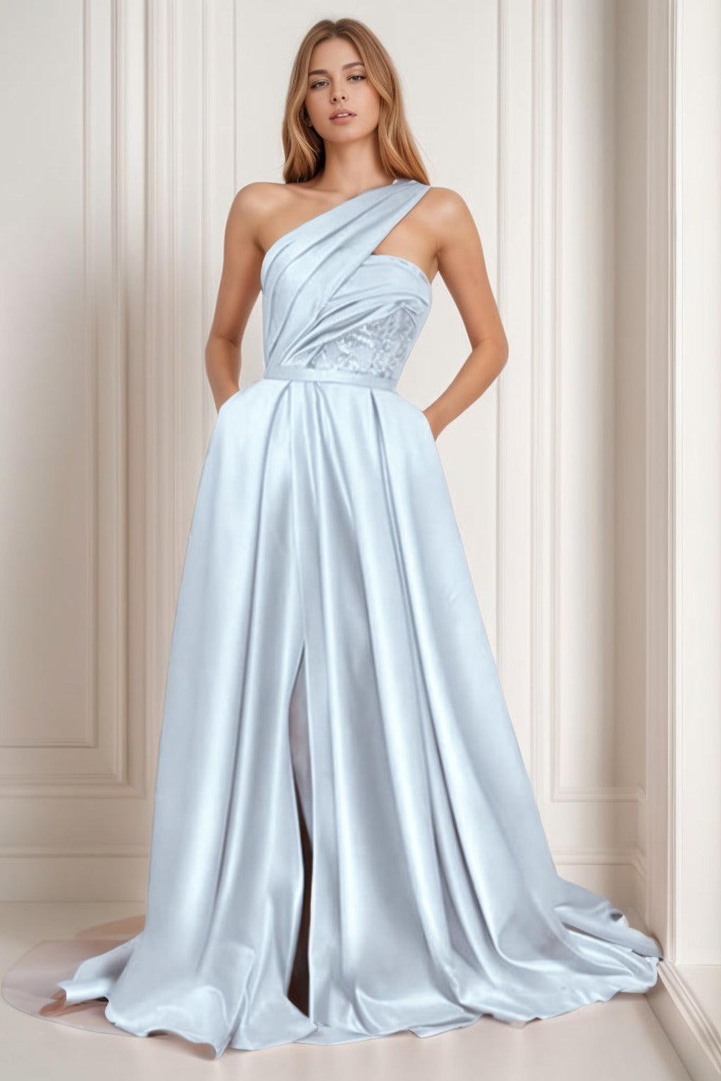 A-Line Sweep-Brush Train Satin Prom Dress CS0429 - COCOMELODY