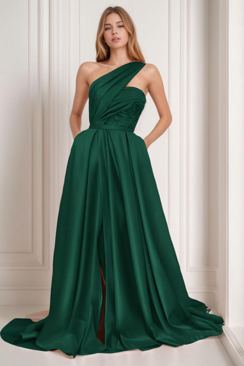 A-Line Sweep-Brush Train Satin Prom Dress CS0429 - COCOMELODY