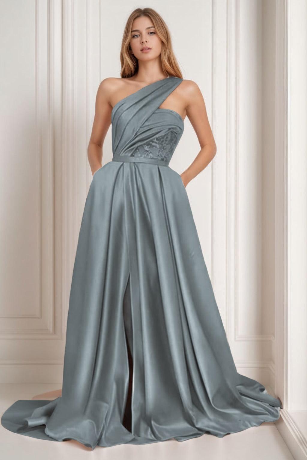 A-Line Sweep-Brush Train Satin Prom Dress CS0429 - COCOMELODY