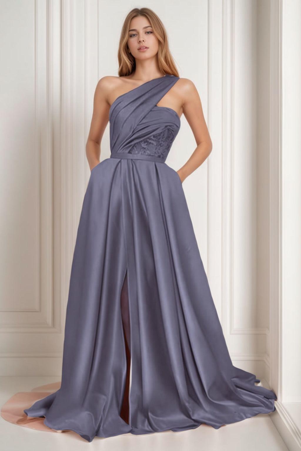 A-Line Sweep-Brush Train Satin Prom Dress CS0429 - COCOMELODY