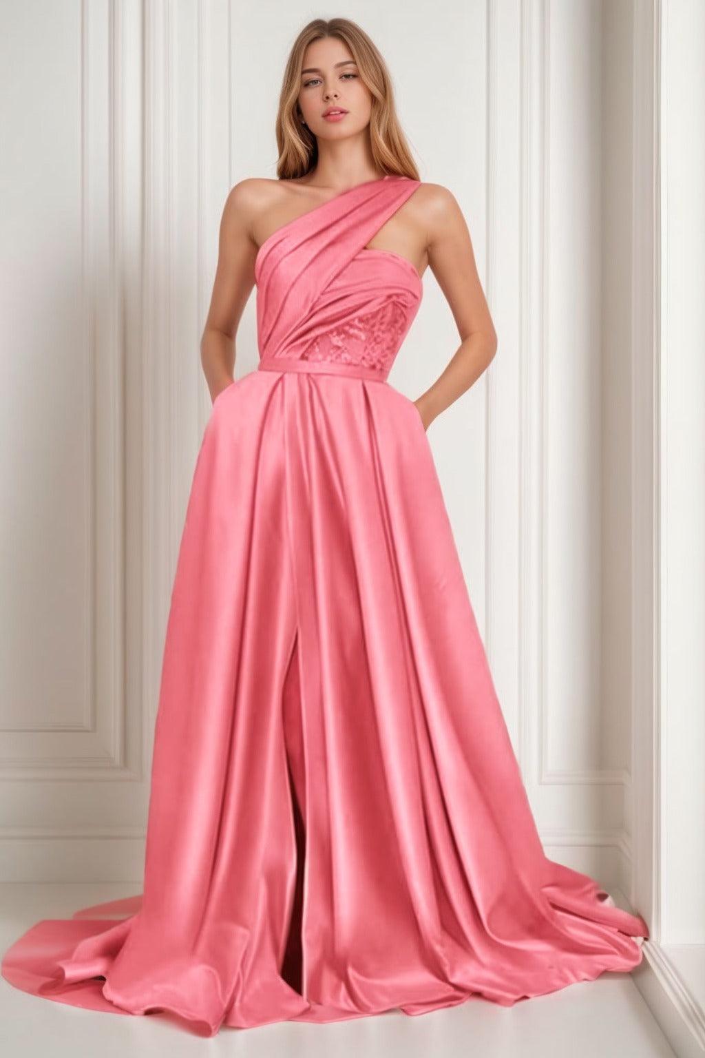 A-Line Sweep-Brush Train Satin Prom Dress CS0429 - COCOMELODY
