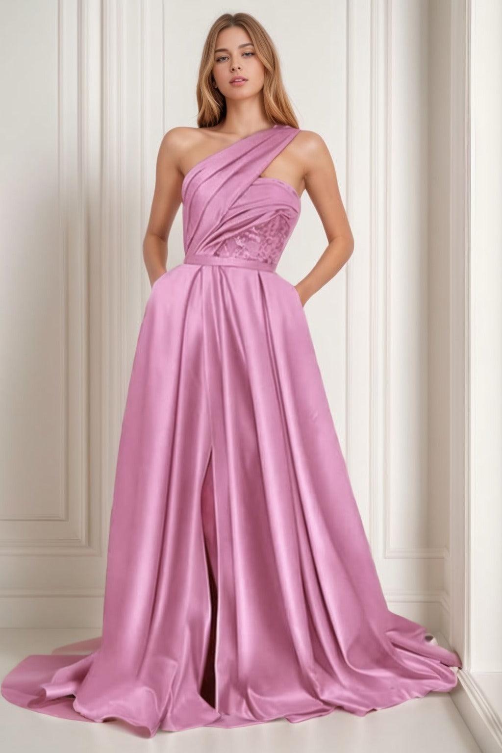 A-Line Sweep-Brush Train Satin Prom Dress CS0429 - COCOMELODY