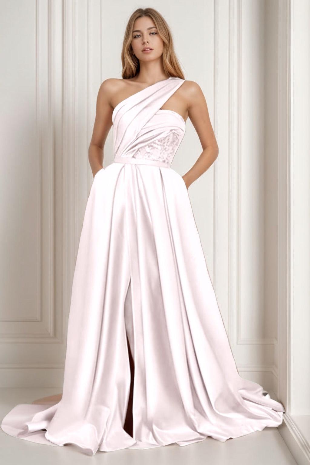 A-Line Sweep-Brush Train Satin Prom Dress CS0429 - COCOMELODY