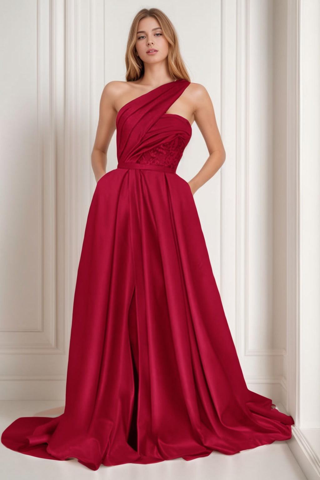 A-Line Sweep-Brush Train Satin Prom Dress CS0429 - COCOMELODY