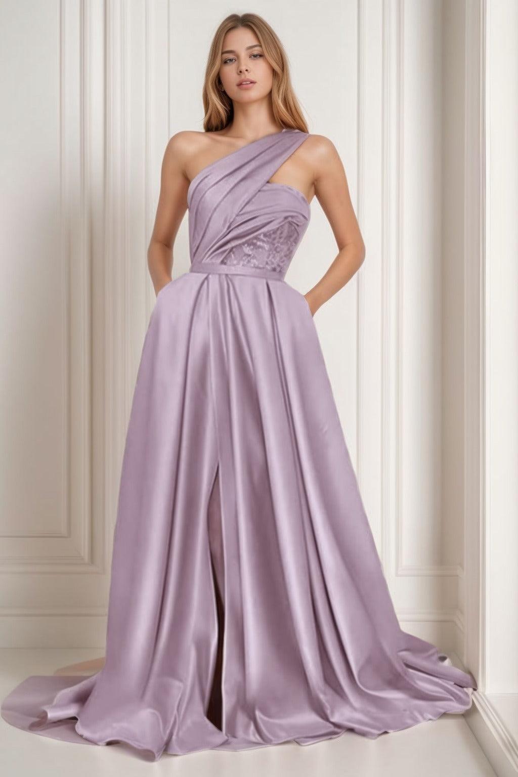 A-Line Sweep-Brush Train Satin Prom Dress CS0429 - COCOMELODY