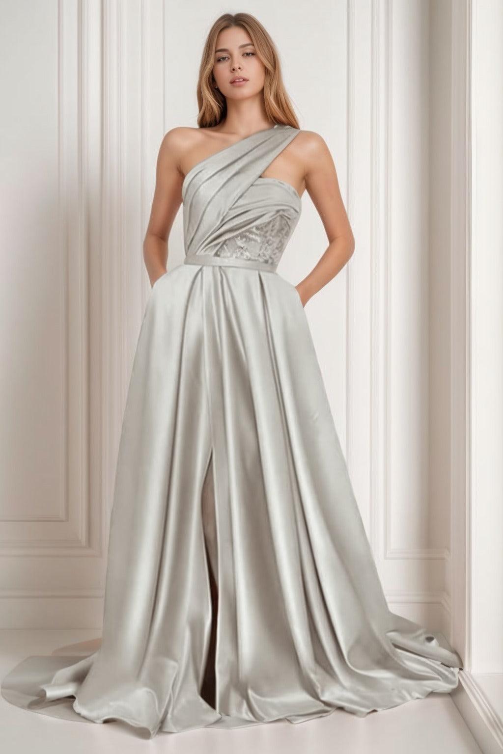 A-Line Sweep-Brush Train Satin Prom Dress CS0429 - COCOMELODY