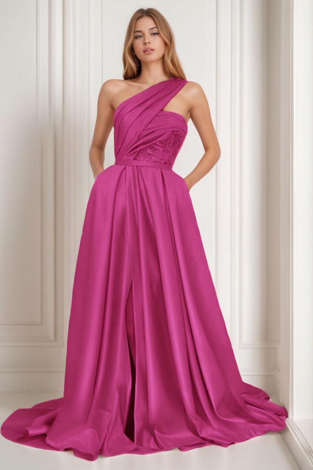 A-Line Sweep-Brush Train Satin Prom Dress CS0429 - COCOMELODY