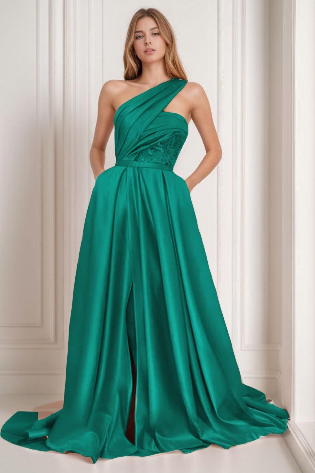 A-Line Sweep-Brush Train Satin Prom Dress CS0429 - COCOMELODY