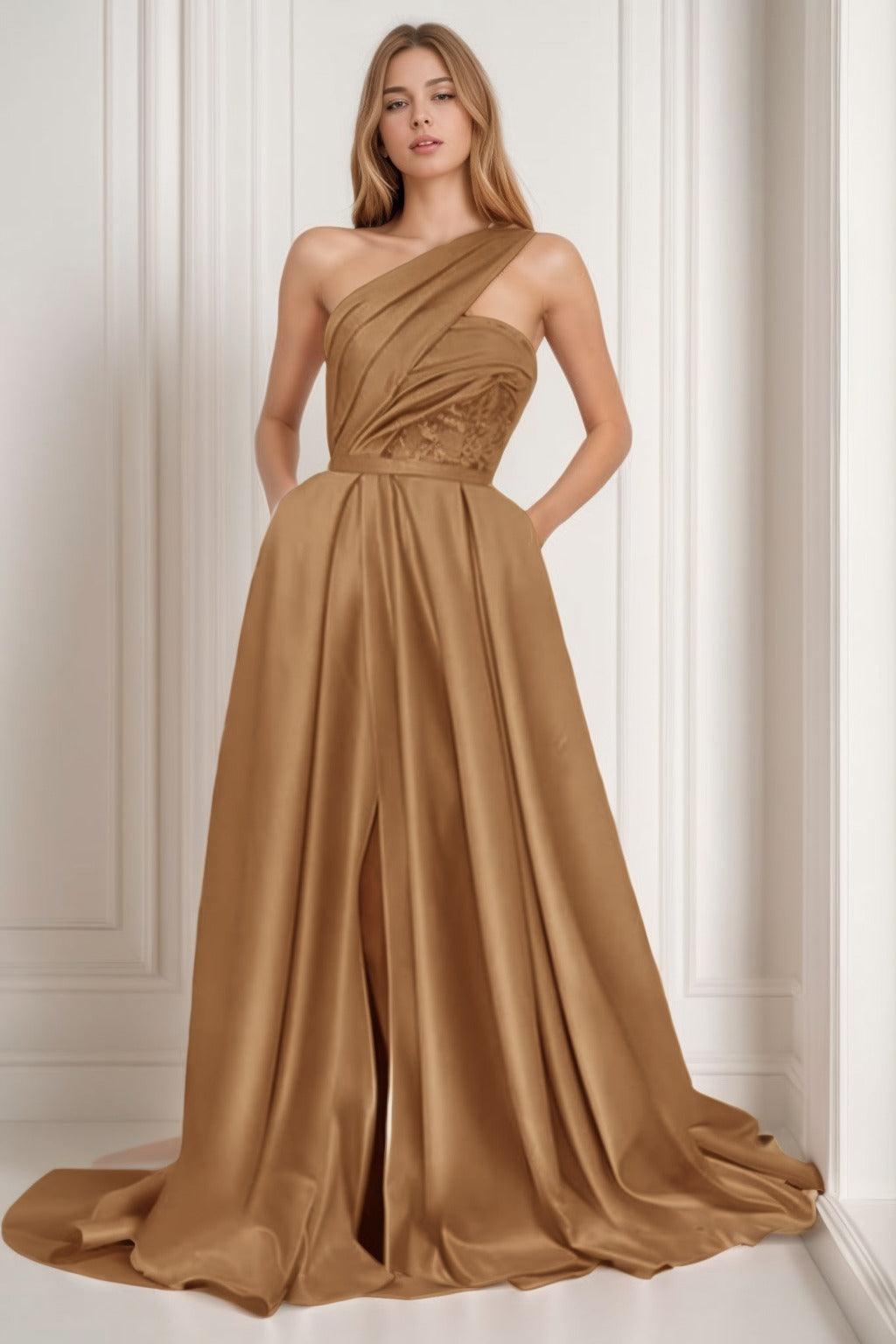 A-Line Sweep-Brush Train Satin Prom Dress CS0429 - COCOMELODY
