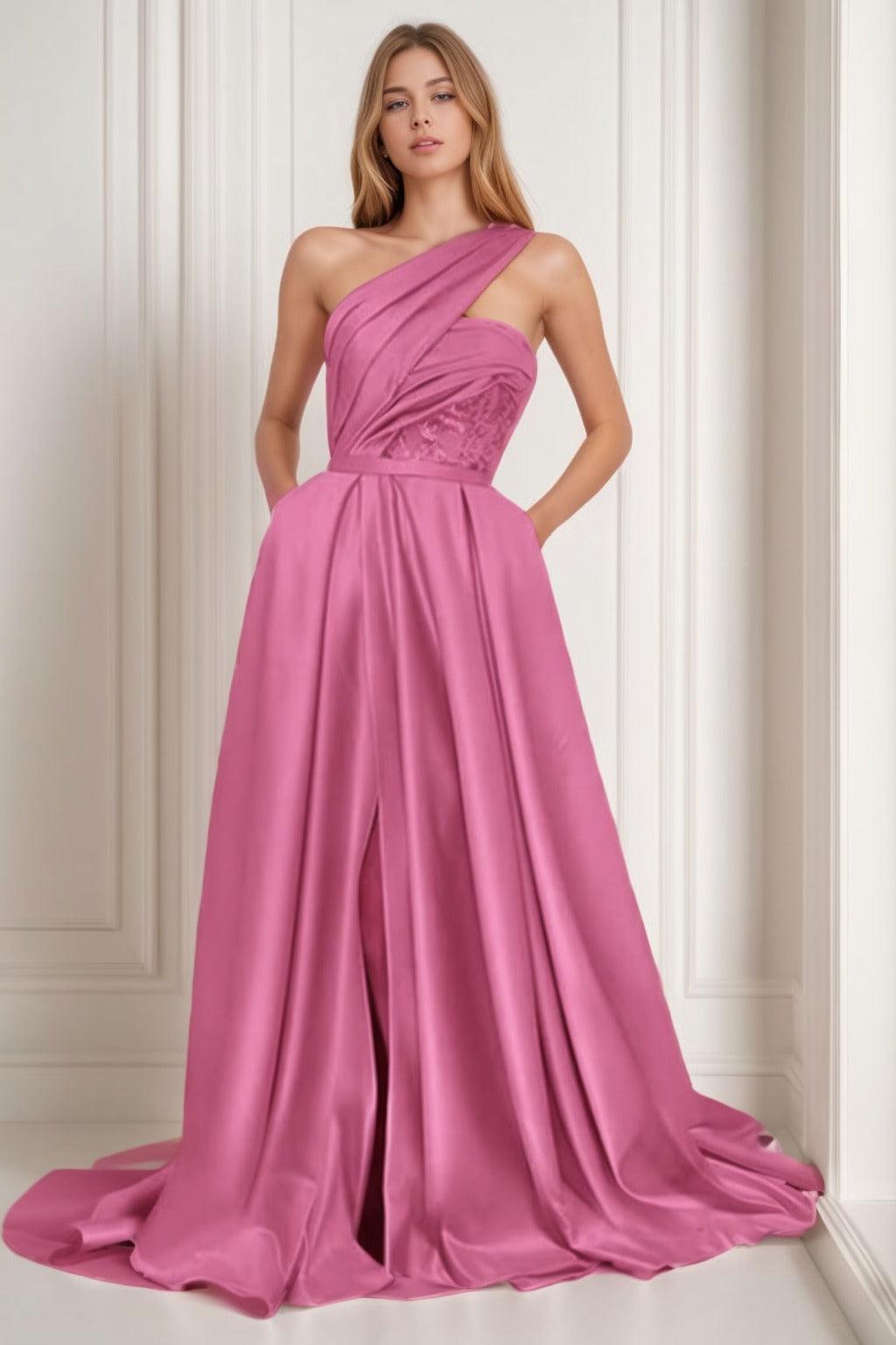 A-Line Sweep-Brush Train Satin Prom Dress CS0429 - COCOMELODY